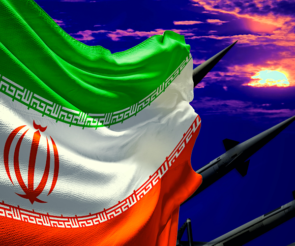 a graphic of iranian flag waving before missiles points at the sky